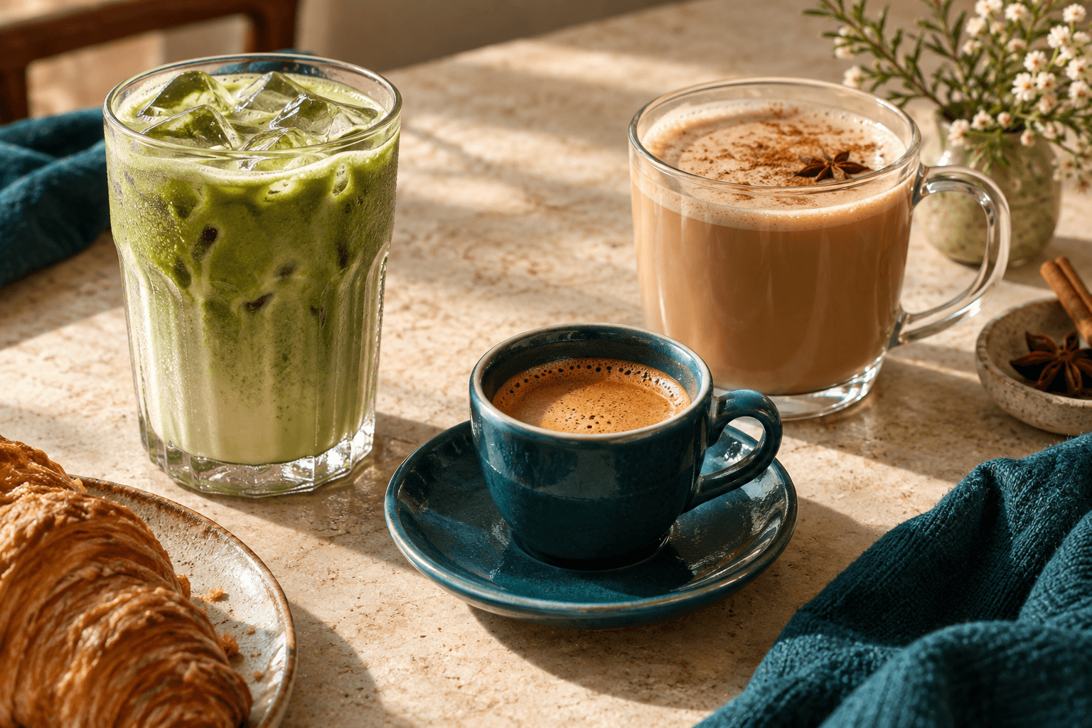 Iced matcha, coffee in a teal cup, and warm chai — concept artwork