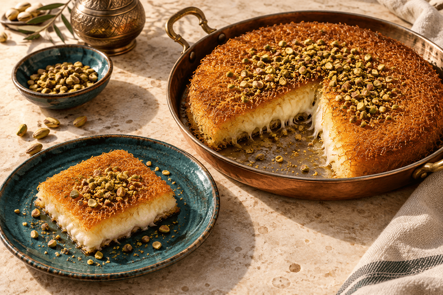 Golden pistachio kunafa in a copper pan with a cheese-filled slice on a teal plate — concept artwork