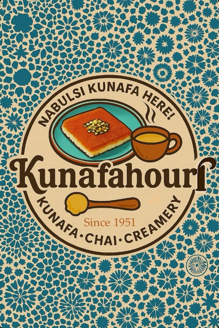 Approved Kunafahouri logo: Nabulsi Kunafa Here! Kunafa, Chai, Creamery. Since 1951.