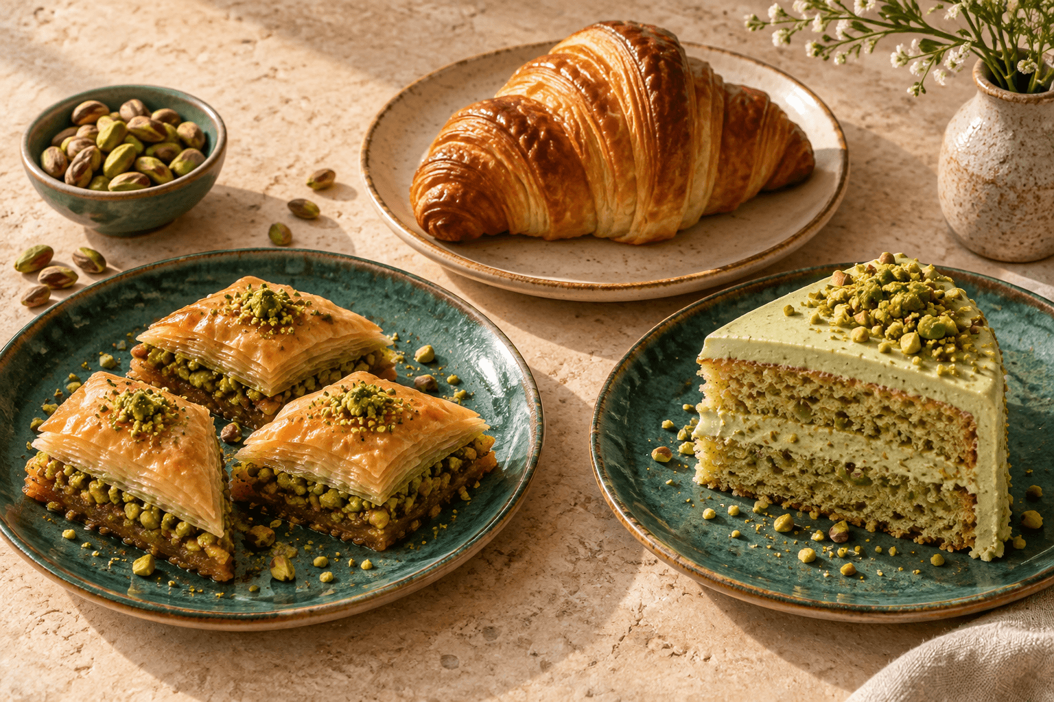 Baklava, a buttery croissant, and pistachio cream cake on ceramic plates — concept artwork